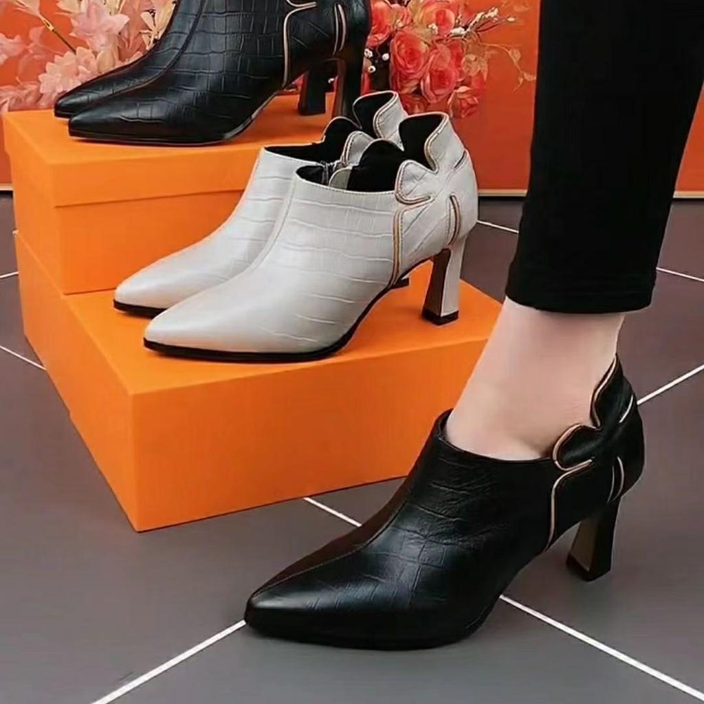 Deep Mouth Solid Color Single Shoes Spring And Autumn New Thick Heel Fashion All-Match Pointed Side Zipper Leather Shoes