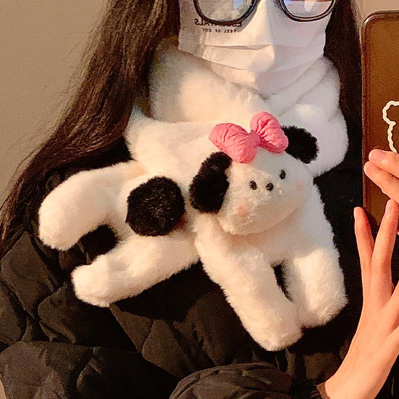 Cute bow puppy plush finger female cold proof plush thickened neck new