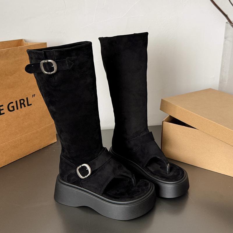 

6Cm thick-soled flip-flops cool boots women s open-toed western boots 2025 summer new stacking boots heightening short boots 35 чёрный