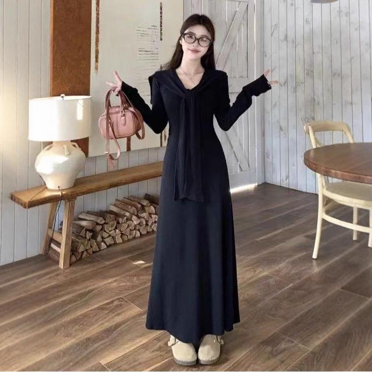 

Sweet and spicy with shawl vest dress autumn and winter new design sense slim waist strap medium and long dress women S
