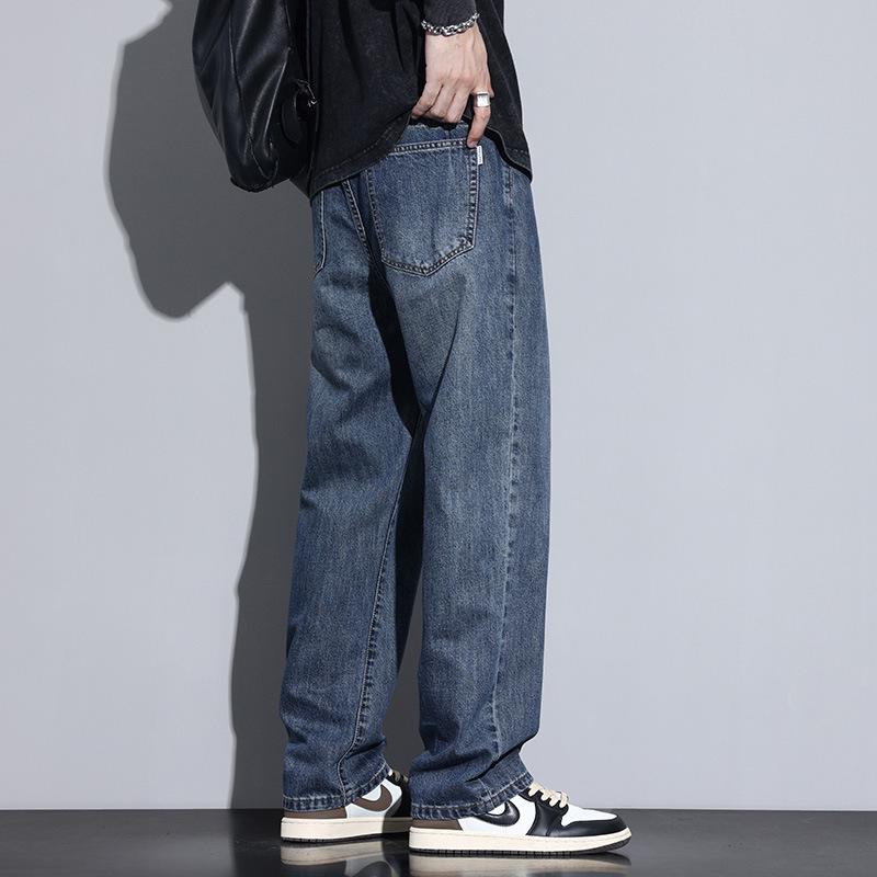 2025 Autumn Men's Blue Straight-Leg Loose Jeans, Fleece-Lined, Plus Size, American Retro Style, Thickened for Warmth.