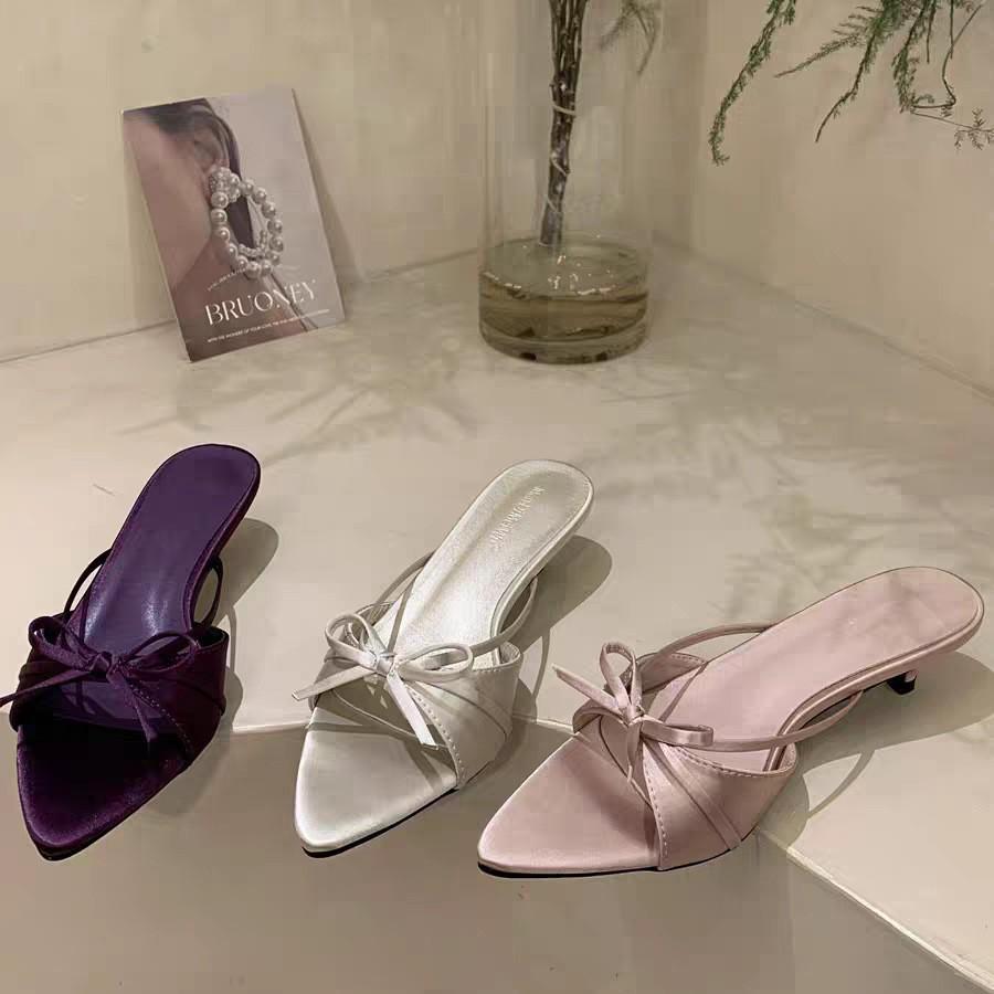 2025 Summer New Large Size Rhinestone Mesh Pointed Fish Mouth High Heels Thin Heel Sexy One Word Cool Slippers Half Drag