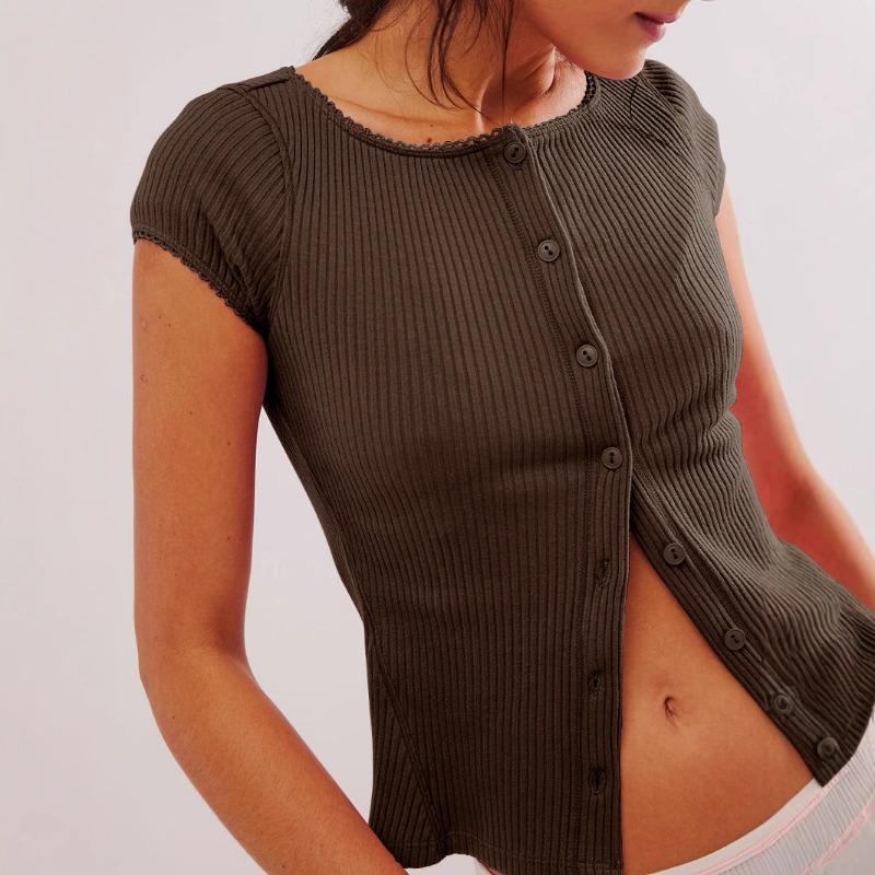 

Женская летняя новая сексуальная кардиган-топ с коротким рукавом и пуговицами, модная однотонная футболка XL кофейный