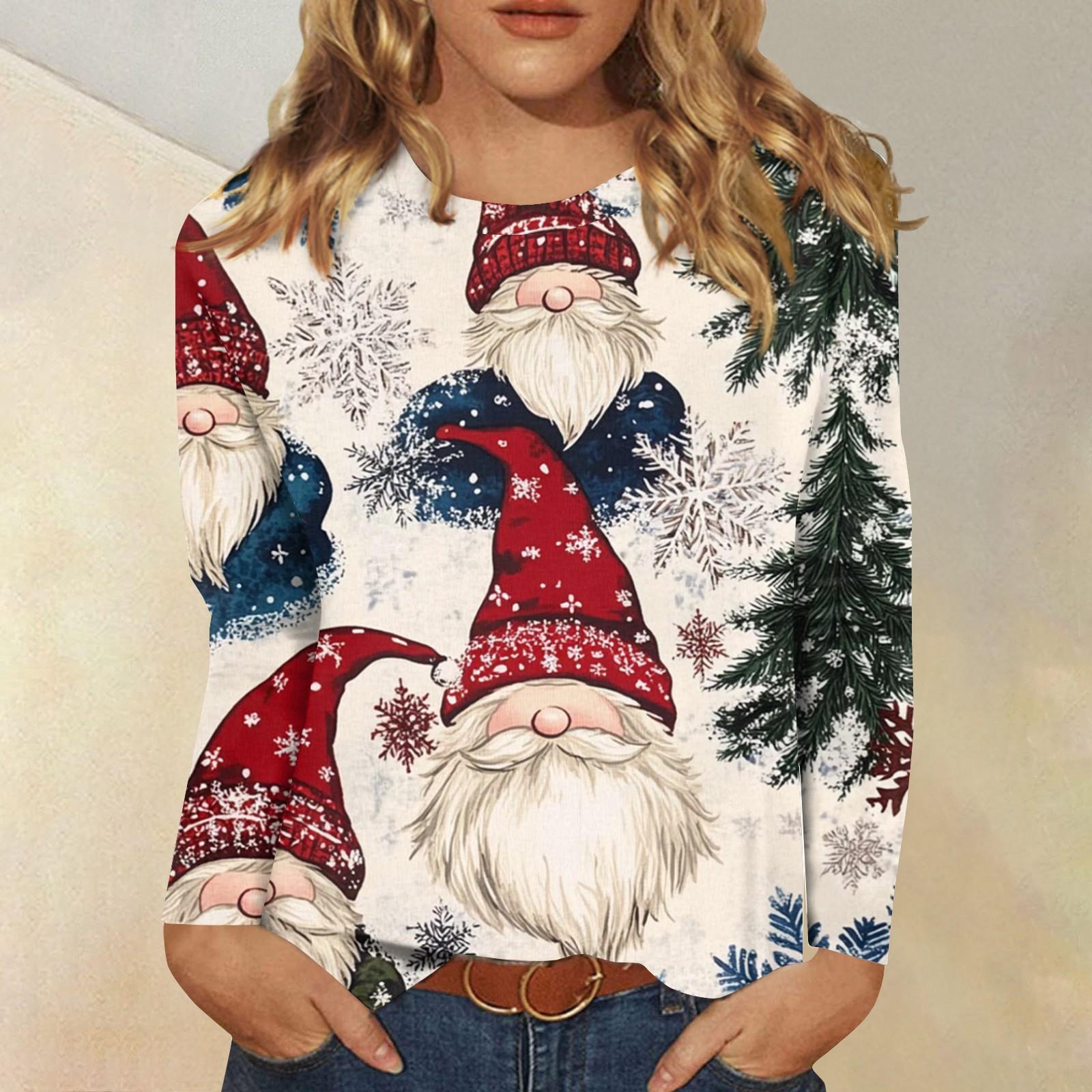 

Женская модная повседневная футболка с длинным рукавом и рождественским принтом, с круглым вырезом L бежевый