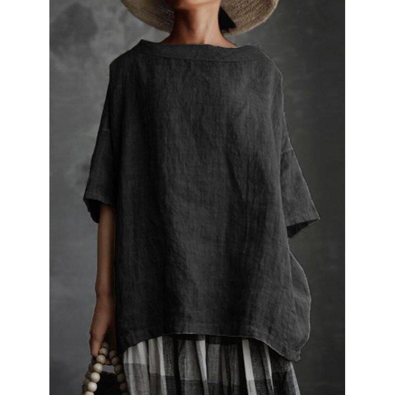 European & American 2026 Summer Arrival: Solid Color Woven Round Neck Cotton Linen Loose Women's T-shirt.