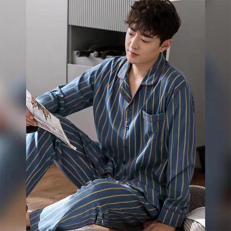 Men's 100% Cotton Pajama Set for Spring & Autumn: Long Sleeve, Long Pants, Versatile Outdoor Wear