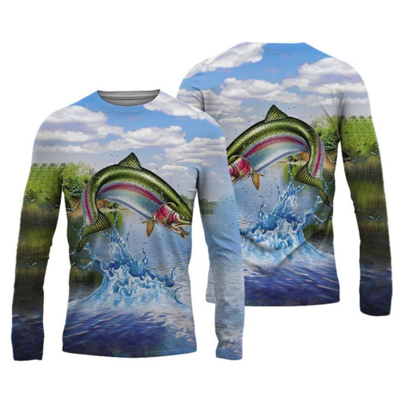 Sommer Herren Angelshirts 3D Pinting Angelbekleidung Atmungsaktives T-Shirt Langarm Outdoor Sport Rundhals Angelshirt 6XL