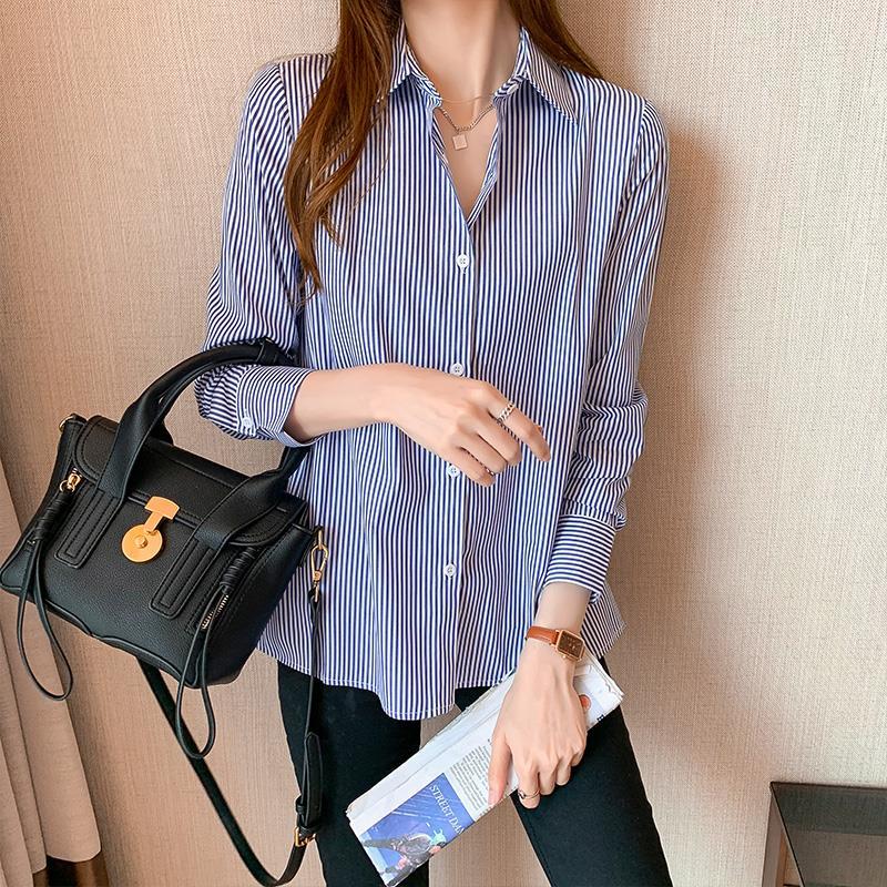 Profession Office Printing Striped Single-breasted Blouse Women New Long Sleeve Turn-down Collar Korean All-match Lady Shirt