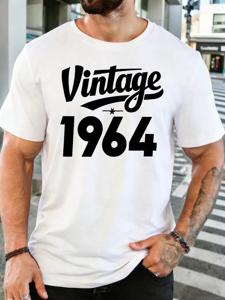 Unisexs Light Cotton T Shirt Bold Vintage 1964 Typography Star Text O Neck Short Sleeve Loose Daily Casual Gift Top For Senior Guys