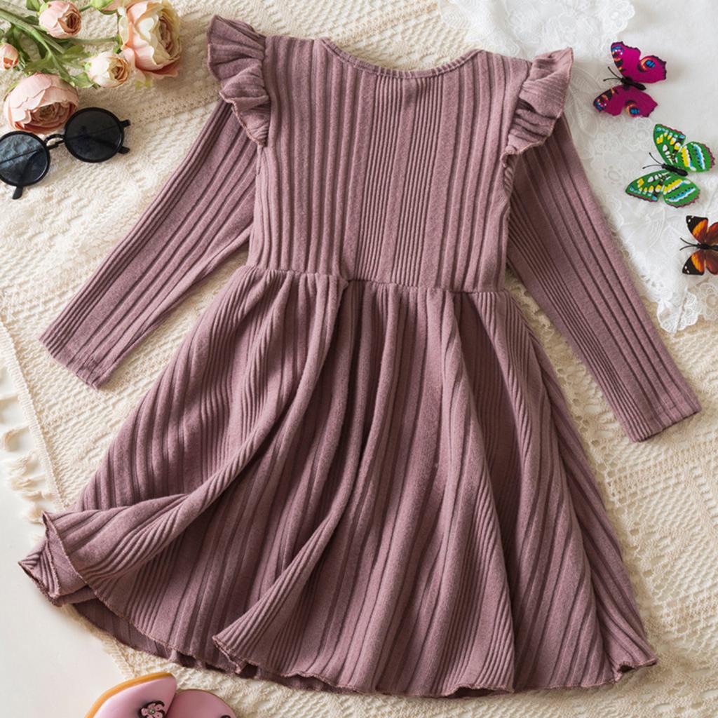 Girls Fashion Cute Fly Sleeve Long Sleeve Princess Dress Solid Color Dresses