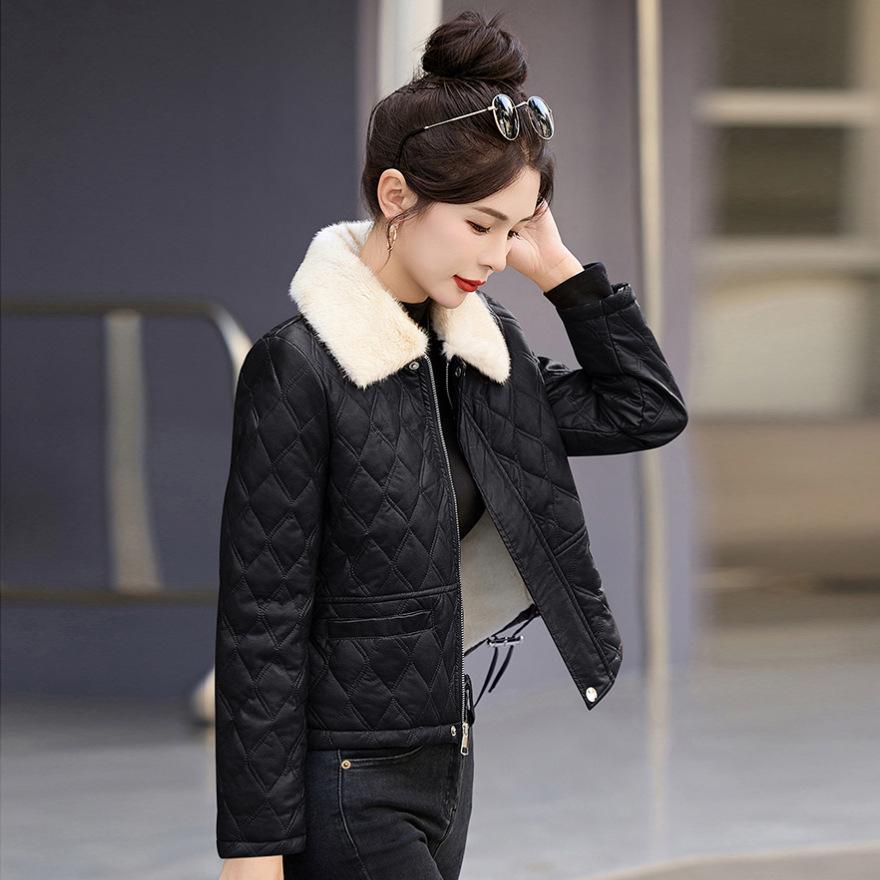 Fleece thickened leather jacket short women's clothing winter new small men wear leather cotton-padded jacket