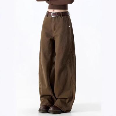 Cross Retro Unisex Brown Worn-out Wide Leg Jeans - Autumn Floor-Length for Men & Women
