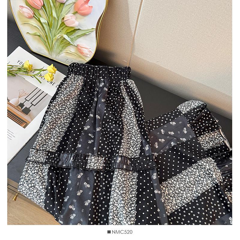 Women's Autumn 2025 Floral Patchwork Ruffle A-line High-Waisted Skirt