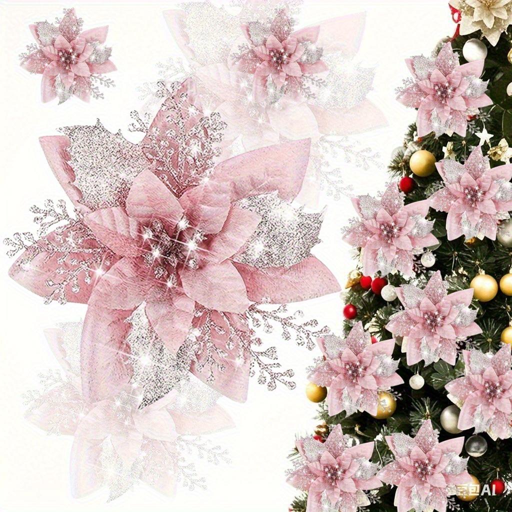 12pcs Glitter Pink Artificial Poinsettia Flowers, Plastic Vine Christmas Tree Decorations - Holiday Party Supplies & Seasonal