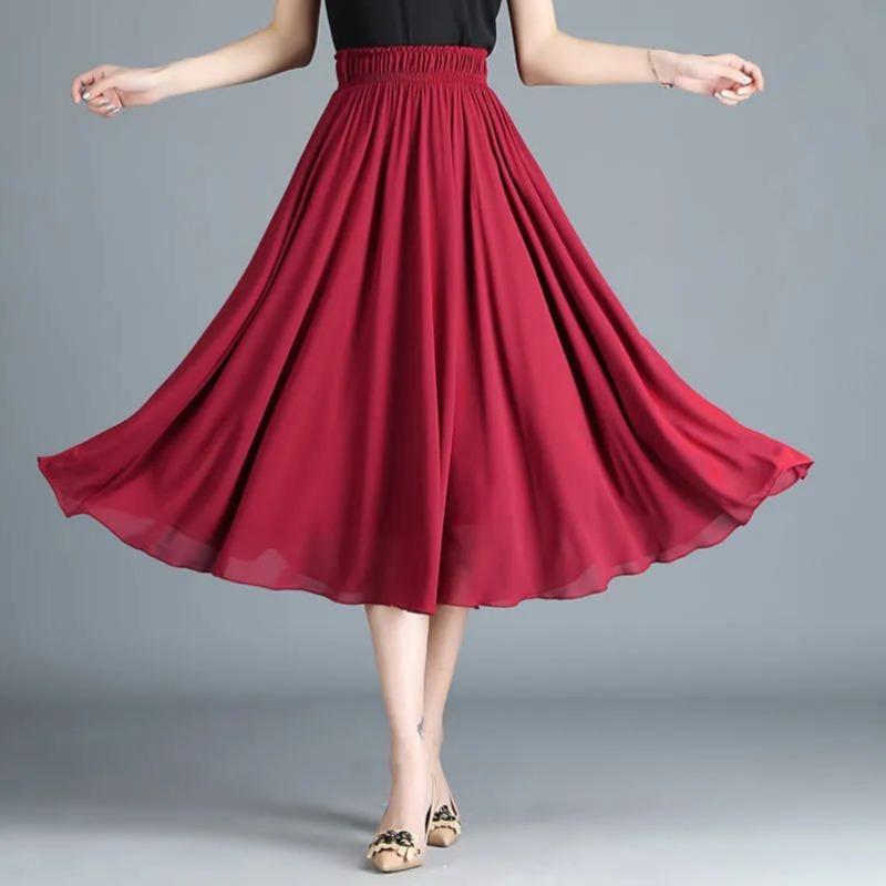 Chiffon Skirt Elastic Waistband Design Solid Color Women's High Waisted Dance Skirt Medium Length A-word Draping Long Skirt Commute Simple Casual