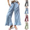 Pantaloni largi pentru femei, Pantaloni carouri cu talie elastică, Tiv cu volane și detalii cu nasturi