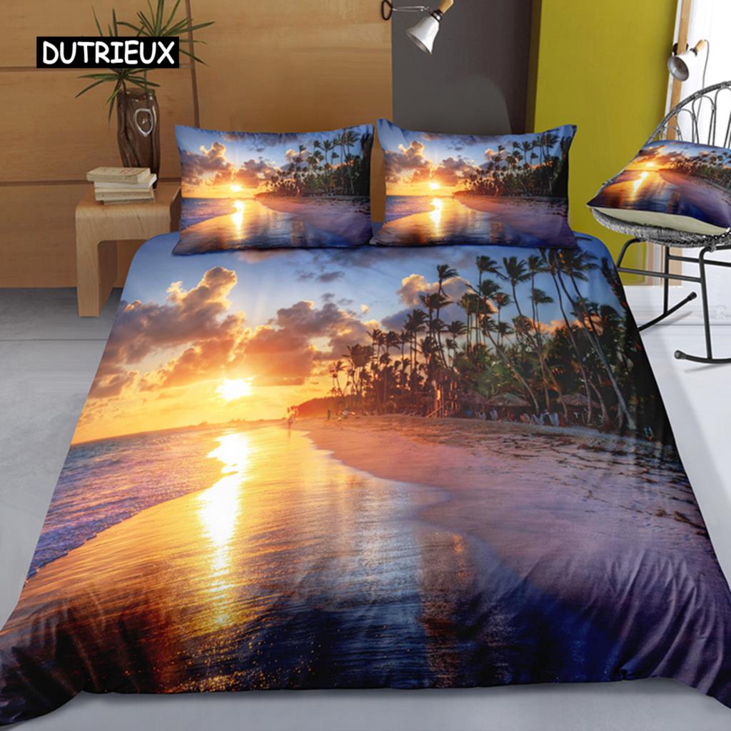 3Pcs Bedding Sets 3D Digital Printing Quilt Duvet Cover Set Landscape Sea Surface Beach Home Queen King Quilt Pillowcase