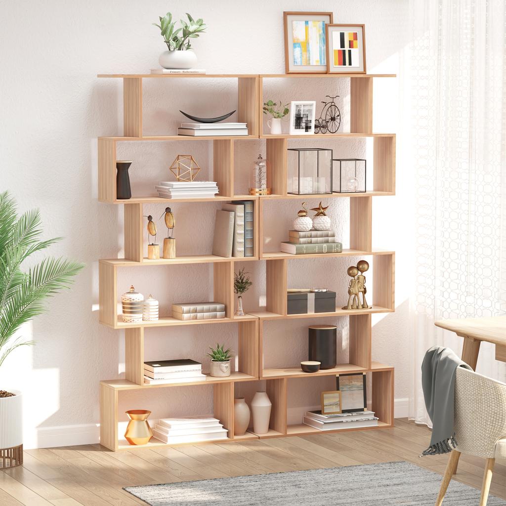 Libreria, Libreria S-Shaped a 6 Ripiani, Unità di Archiviazione, Scaffale Espositore per Soggiorno, Camera da Letto, Studio, Piante, Acero