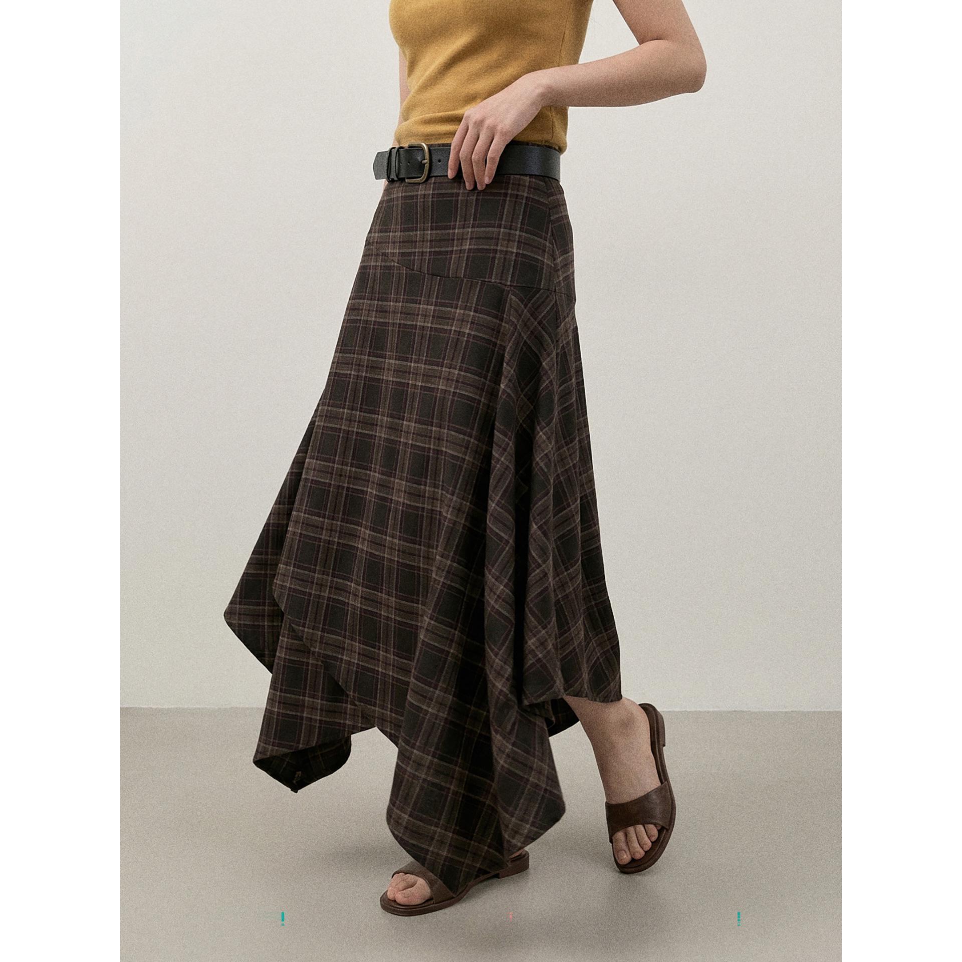Ge Ming Women s Retro High-Waist Irregular Plaid Mid-Length Skirt for Spring, W442C S