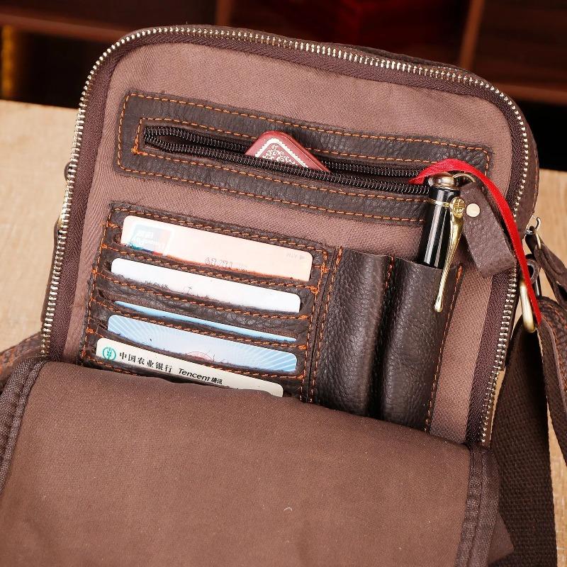 Borsa a tracolla da uomo in pelle di vacchetta pieno fiore - Spaziosa borsa a tracolla vintage per EDC, Borsa a tracolla in pelle retrò con spazio espandibile