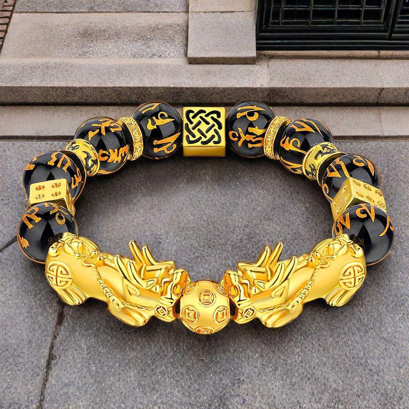 Men's Natural Obsidian Double Pixiu Elastic Bracelet with Alloy Beads