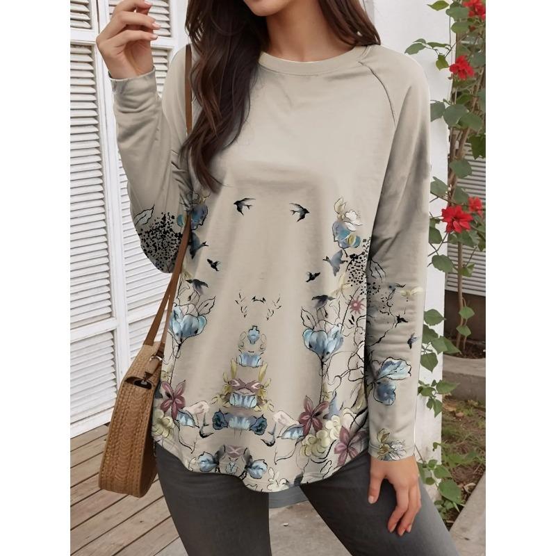 Summer Fashion Flower Graphics Elegant O-Neck Long Sleeve T-Shirts Casual Harajuku Pullover Tops