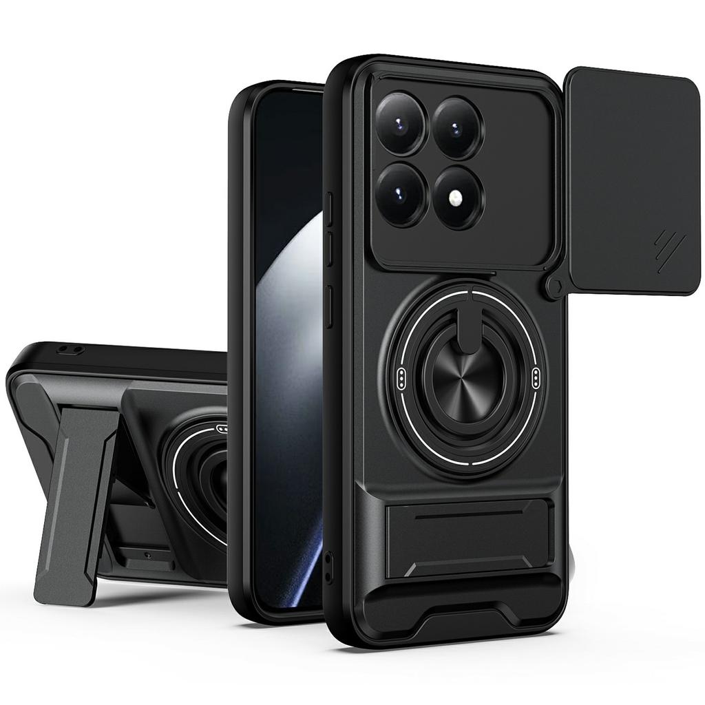 For Xiaomi 15T Magnetic Case Ring Holder Foldable Kickstand TPU PC Phone Cover with Camera Lens Slider