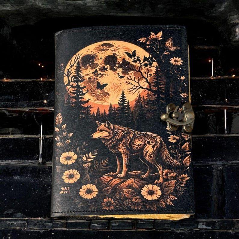 Lederjournal Gotisches Notizbuch Wolf Grimoire Druck - Vintage Handgemachtes Journal Buch der Schatten Hexerei Journal Geschenk für Männer