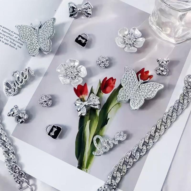 16PCS Luxury Shoe Charms Set Accessories Hole Shoe Buckle Silver Rhinestone Butterfly Chain DIY Shoes Decorations Party Gift