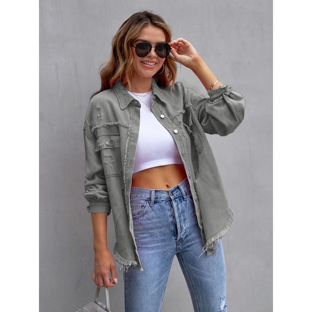 Women's Point Collar Long Sleeve Distressed Denim Jacket Loose Fit Raw Fringe Button Down Shirt