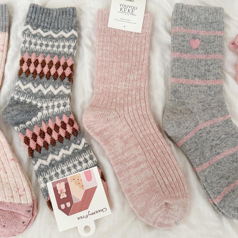 Korean Style Color Block Dot Yarn Wool Socks for Women - Warm, Seamless, Mid-Calf, Versatile Autumn/Winter Slouch Socks