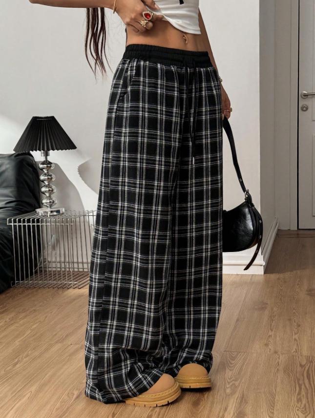 Retro Karo Bodenlange Weitbeinige Hose: Elastischer Bund, Vielseitig, Bequem, Gerades Bein, Lässiger Stil
