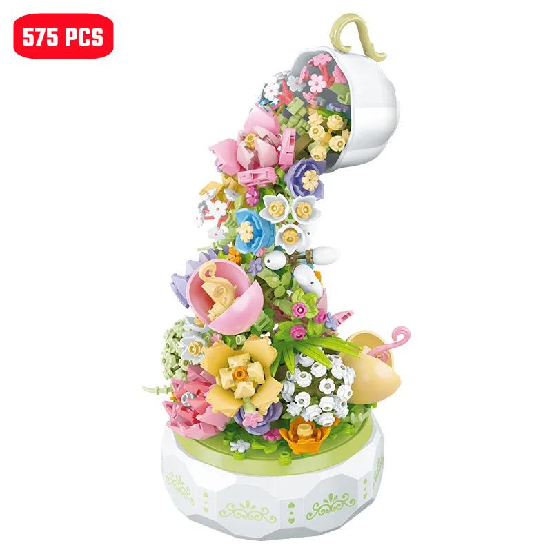 

Non-Toxic Sembo 575Pcs Block Florist Series Light Music Box Building Blocks Diy Teacups Flower Romantic Model Holiday Gifts Toys For Children