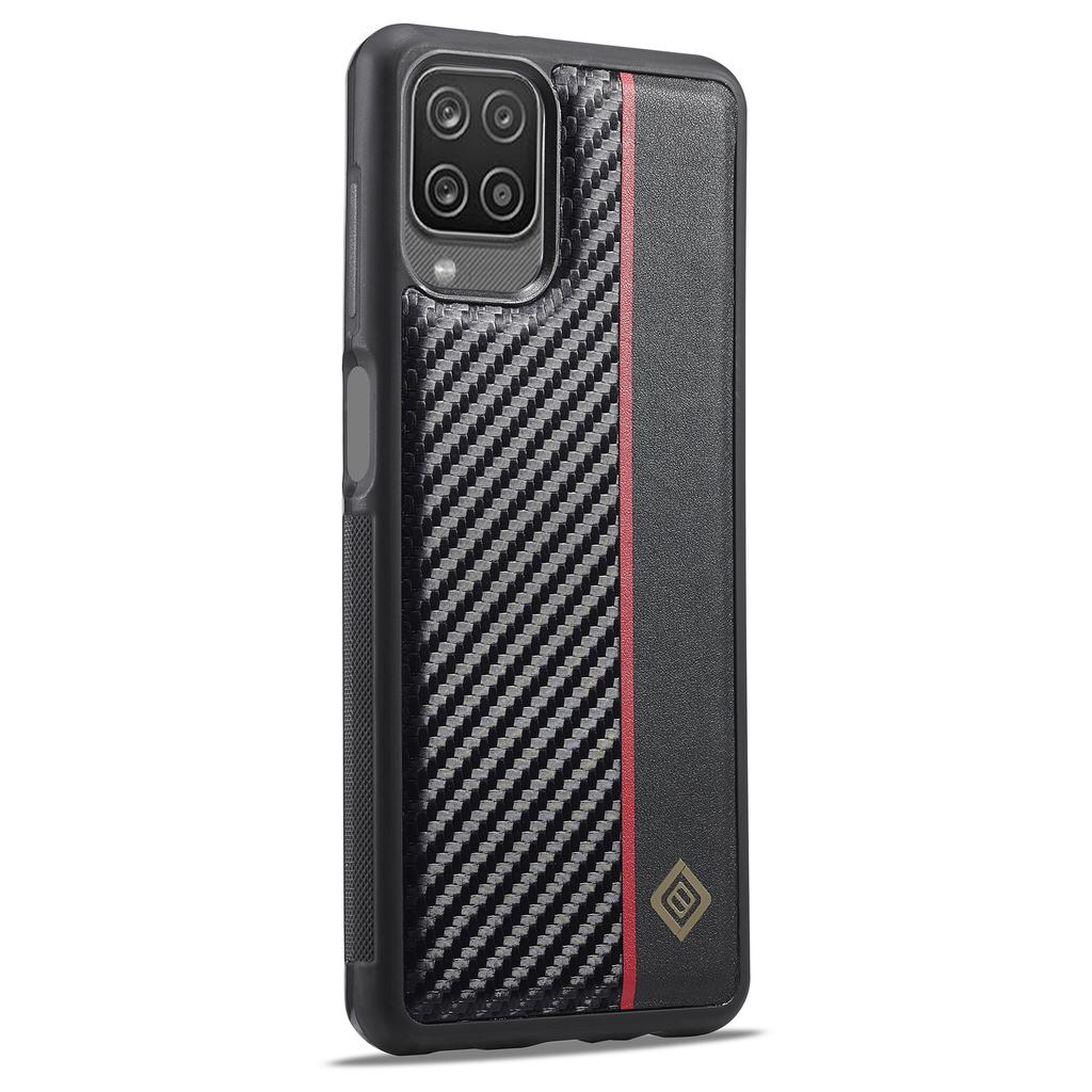 LC.IMEEKE For Samsung Galaxy A12 PU Leather Coated TPU+EVA Case Carbon Fiber Phone Cover
