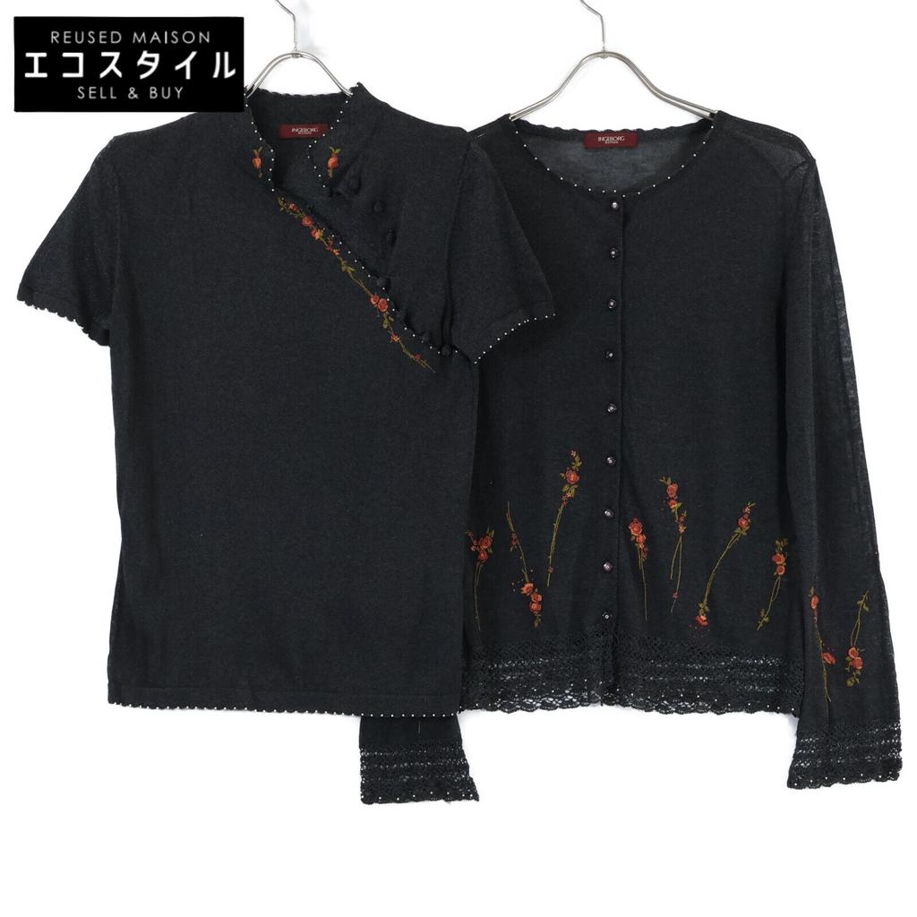 INGEBORG Flower embroidery glitter knit ensemble/ tops L Charcoal grayUsed