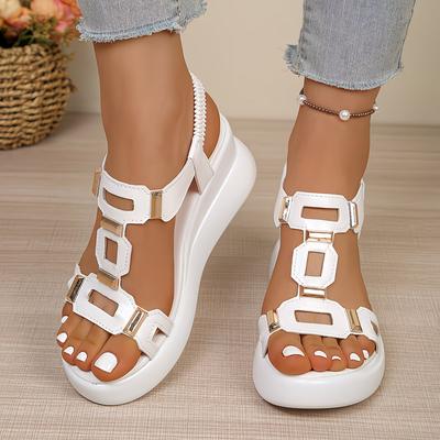 Vierkante Holle Dames Sleehak Sandalen Effen Kleur Metalen Decoratie Comfortabele Voetboogondersteuning Open Neus Geschikt voor Zomer Platform Sandalen, Damesschoenen