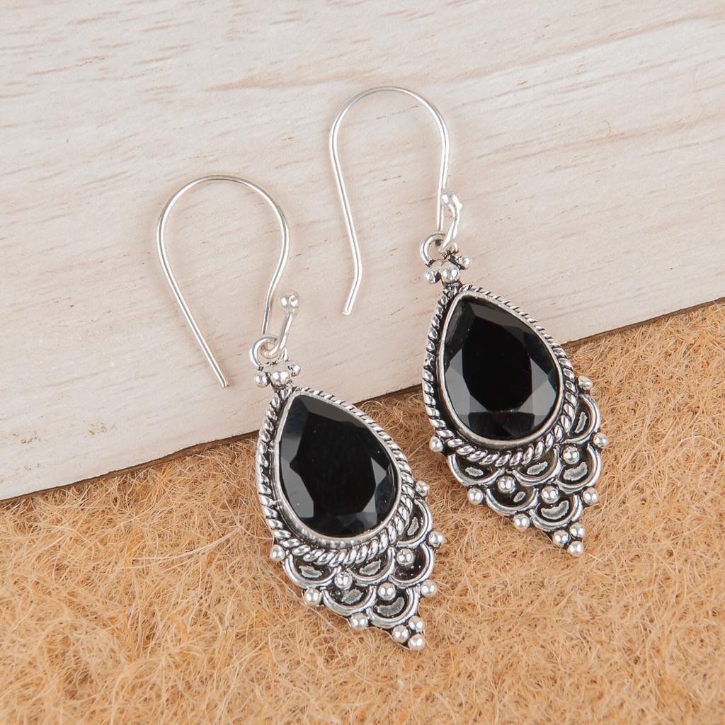 Naturlig Svart Onyx Ädelsten 925 Sterlingsilver Smycken Handgjorda Örhängen 1,9" EE-85-13