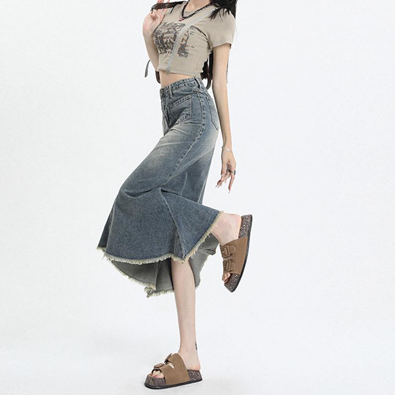 Fransenbesetzter Fishtail-Jeansrock Frühling und Sommer Neu Dünner High-Waist Casual Midi-Rock