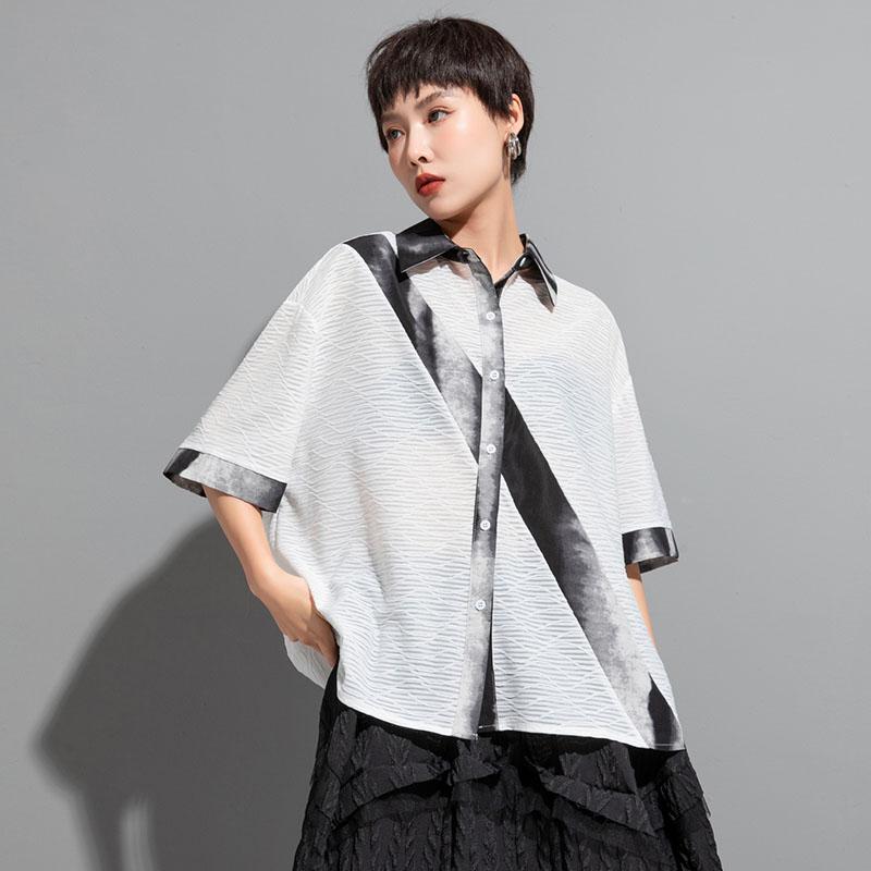 

DIMANAF 2023 Плюс Размер Новая Летняя Стильная Блузка Сращенный Дизайн Повседневная Рубашка С Коротким Рукавом Модные Пуговицы Женская Свободная Рубашка О-Образным Вырезом Женские Топы