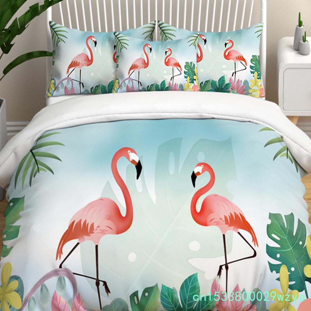Modern Flamingo Pineapple Print Bedding Set Queen Tropical Plants Leaves Flowers Duvet Cover Hawaiian Islands Floral Pillowcases