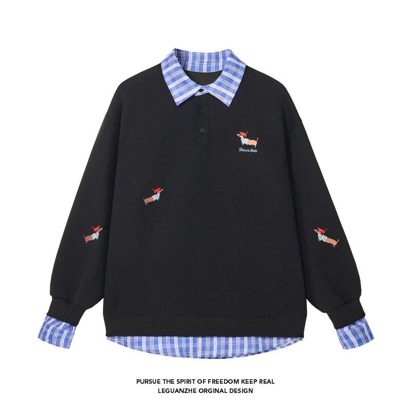 Felpa con cappuccio e polo da uomo alla moda in stile americano con ricamo di bassotto, Top autunnale da donna in due pezzi, Taglia piccola