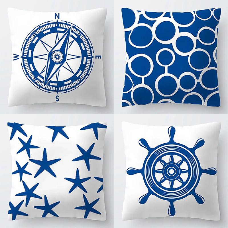 Home Decor Blue Nautical Patterns Cushion Covers Pattern Cushion Cover Suitable for Sofa Bedroom Car Pillow Cover