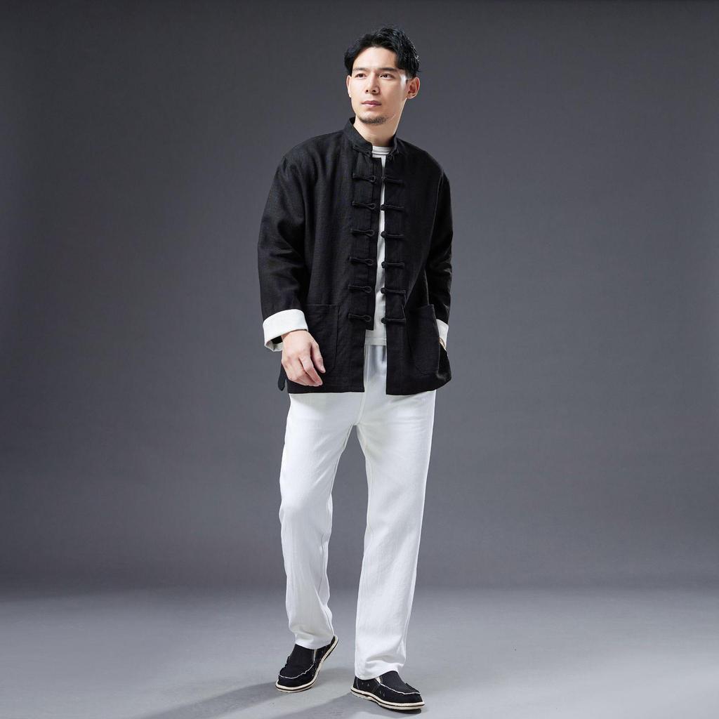 Men's Chinese Style Ramie Jacket Shirt - Casual Loose Fit with Stand Collar and Frog Buttons