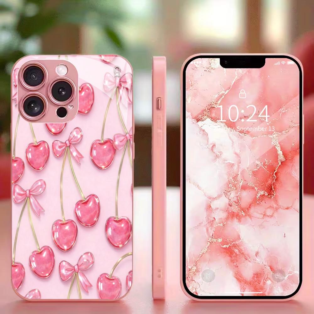Pink Female Exquisite Protective Case Phone Case Metallic Paint Glass PhoneCase for iPhone 17 16 15 14 13pm Pro Plus Madam