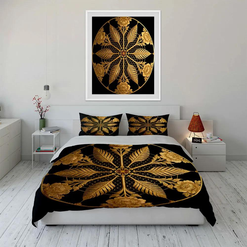 Golden Floral Decorative Three-Piece Soft Comfortable Duvet Cover Bedding Set Included 1*Duvet Cover & 2*Pillowcases gift