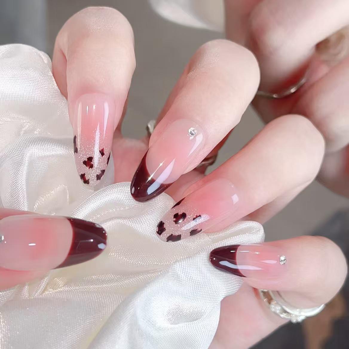 Autumn/Winter French Brown Coffee Leopard Print Cat Eye Handmade Nude Rhinestone High-Class Nail Art Large Model