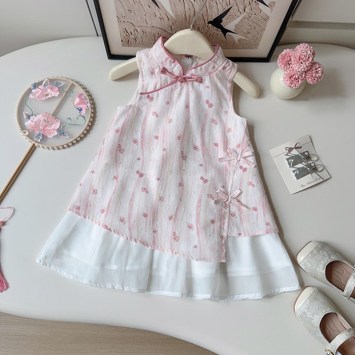Girls New Chinese Floral Sleeveless Princess Dress Summer Kids Button Down Party Sundress 90cm