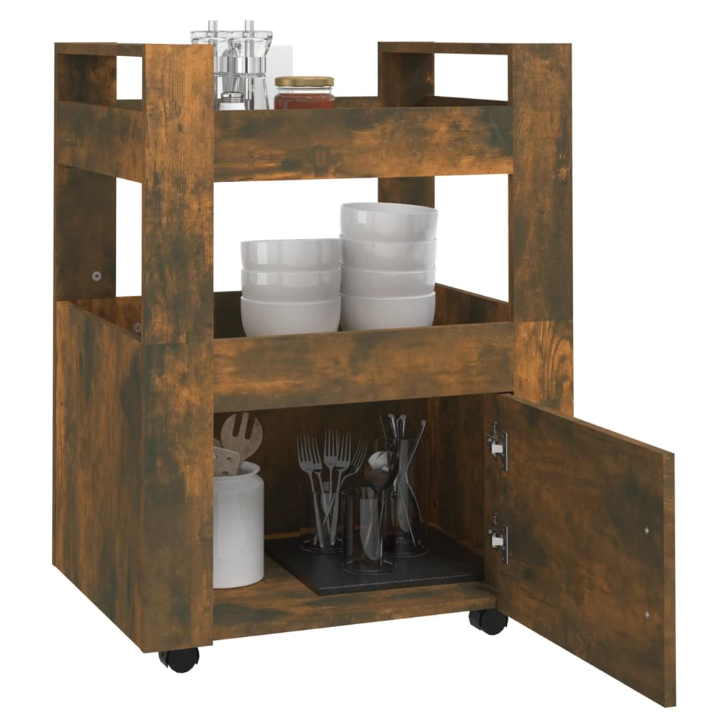 Kitchen Trolley Smoked Oak Finish 60 X 45 X 80 Cm Engineered Wood