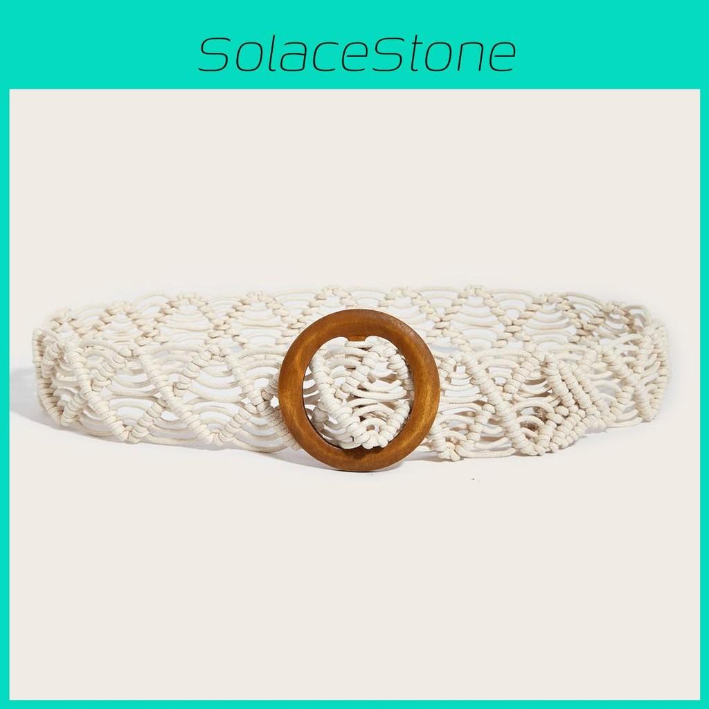 Cotton Retro Linen Belt Women Handmade Woven Waistband Round Wooden Buckle Dress