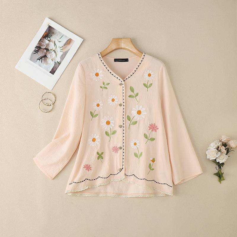 ZANZEA Damska codzienna bluzka z luźnym długim rękawem i kwiatowym haftem